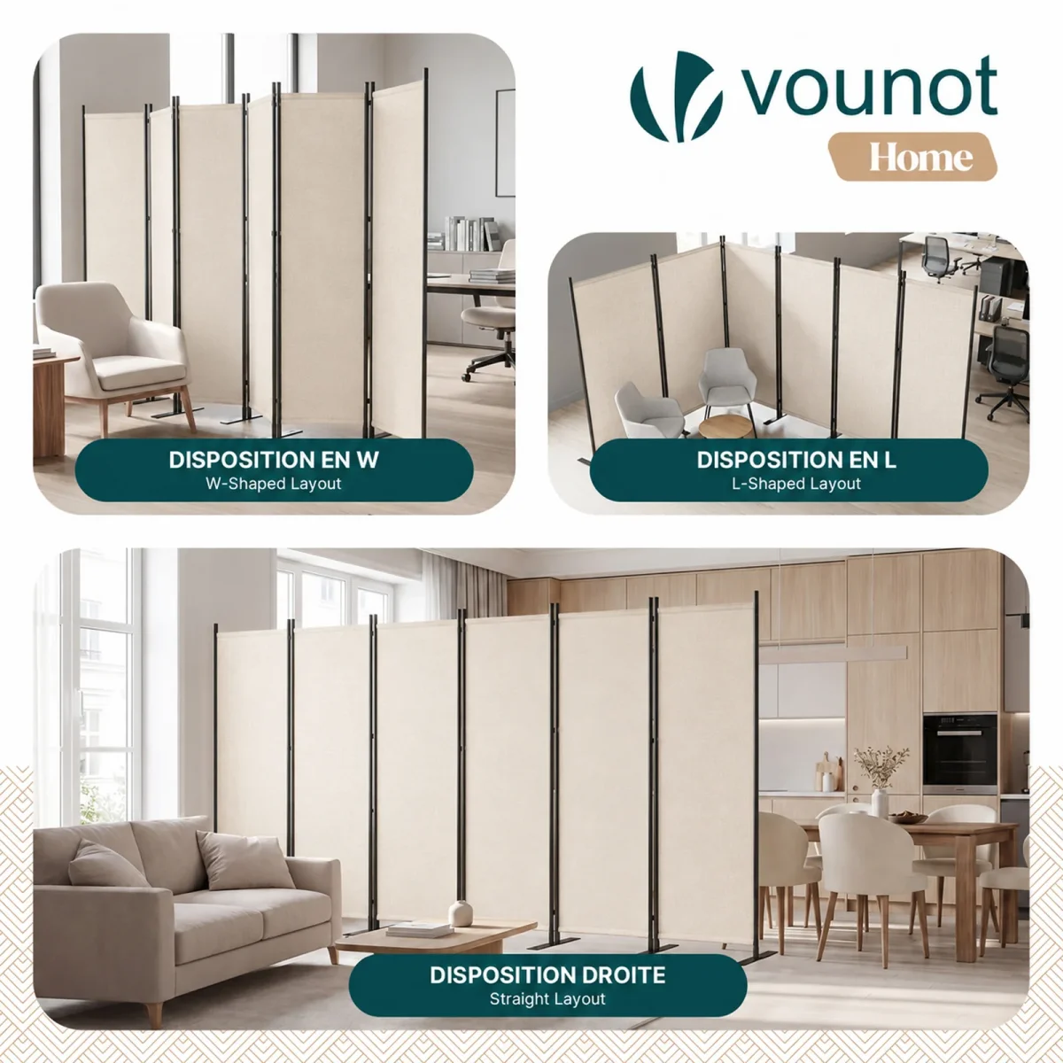 Paravent interieur separateur 6 panneaux autoportant pliable 340 x 30 x 164 cm Beige – Image 8